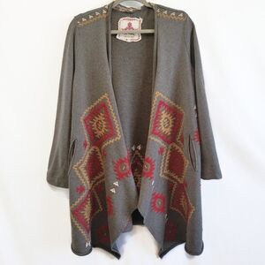 Johnny Was Gray Cardigan with Red and Gold Aztec Motif